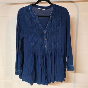 Amanda Blu Women's Med Popover Blouse Pleated Tunic Blue Chambray Boho Flowy